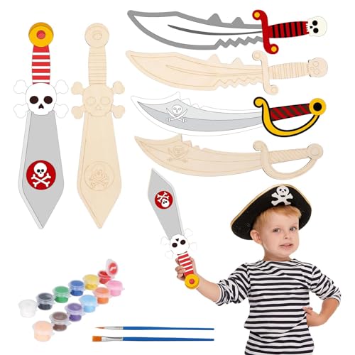 DKINY 6PCS Piratenschwerter aus Holz, Piraten Schwert Holzbastelset für Kinder, Piratensäbel zum Basteln und Bemalen, Kreativesets Bastelbedarf Geschenk für Junge Mädchen in Halloween Karneval von DKINY