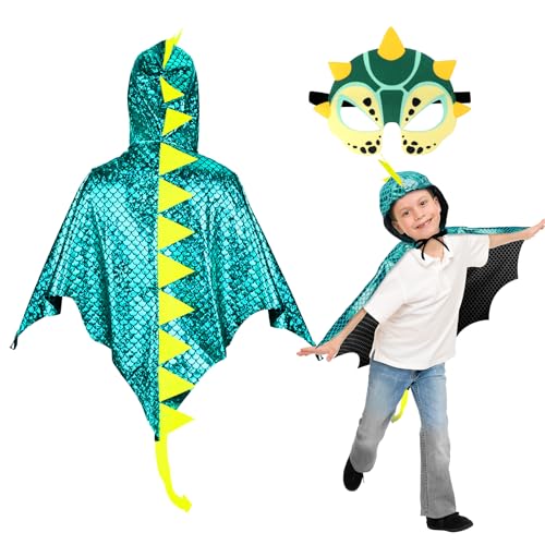 DKINY Dinosaurier Kostüm Kinder Halloween Dinokostüm mit Drachenflügel Umhang und Maske Dino Cosplay Kinderkostüm Zubehör für Junge Mädchen Halloween Karneval Fasching-Blau Grün von DKINY