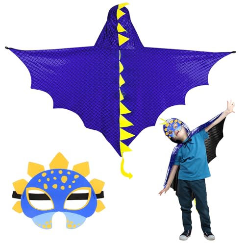 DKINY Dinosaurier Kostüm Kinder Halloween Dinokostüm mit Drachenflügel Umhang und Maske Dino Cosplay Kinderkostüm Zubehör für Junge Mädchen Halloween Karneval Fasching-Blau Schwarz von DKINY