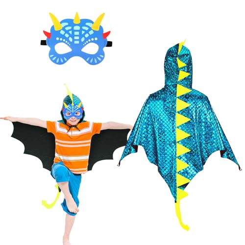 DKINY Dinosaurier Kostüm Kinder Halloween Dinokostüm mit Drachenflügel Umhang und Maske Dino Cosplay Kinderkostüm Zubehör für Junge Mädchen Halloween Karneval Fasching-Blau von DKINY