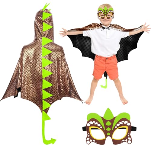 DKINY Dinosaurier Kostüm Kinder Halloween Dinokostüm mit Drachenflügel Umhang und Maske Dino Cosplay Kinderkostüm Zubehör für Junge Mädchen Halloween Karneval Fasching-Braun von DKINY