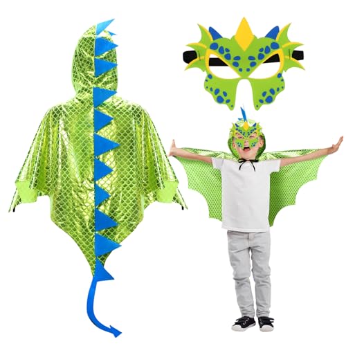 DKINY Dinosaurier Kostüm Kinder Halloween Dinokostüm mit Drachenflügel Umhang und Maske Dino Cosplay Kinderkostüm Zubehör für Junge Mädchen Halloween Karneval Fasching-Fluoreszierend Grün von DKINY