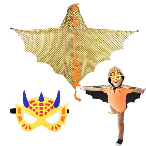 DKINY Dinosaurier Kostüm Kinder Halloween Dinokostüm mit Drachenflügel Umhang und Maske Dino Cosplay Kinderkostüm Zubehör für Junge Mädchen Halloween Karneval Fasching-Gelb von DKINY