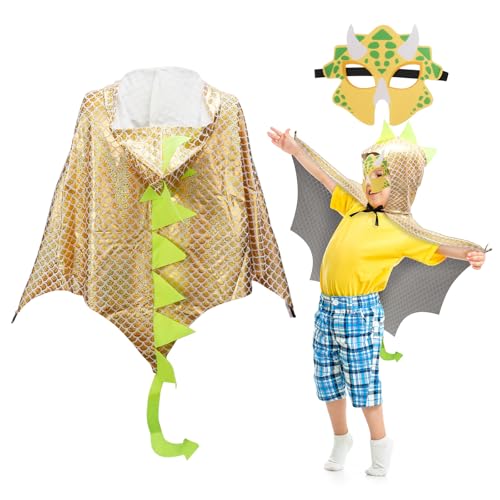 DKINY Dinosaurier Kostüm Kinder Halloween Dinokostüm mit Drachenflügel Umhang und Maske Dino Cosplay Kinderkostüm Zubehör für Junge Mädchen Halloween Karneval Fasching-Hellgold von DKINY