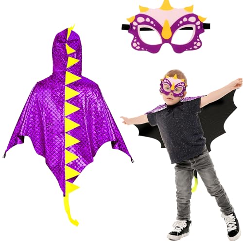 DKINY Dinosaurier Kostüm Kinder Halloween Dinokostüm mit Drachenflügel Umhang und Maske Dino Cosplay Kinderkostüm Zubehör für Junge Mädchen Halloween Karneval Fasching-Lila von DKINY