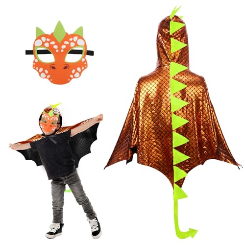 DKINY Dinosaurier Kostüm Kinder Halloween Dinokostüm mit Drachenflügel Umhang und Maske Dino Cosplay Kinderkostüm Zubehör für Junge Mädchen Halloween Karneval Fasching-Orange von DKINY