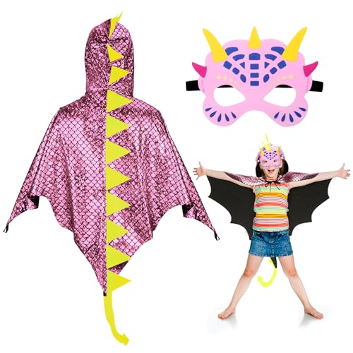 DKINY Dinosaurier Kostüm Kinder Halloween Dinokostüm mit Drachenflügel Umhang und Maske Dino Cosplay Kinderkostüm Zubehör für Junge Mädchen Halloween Karneval Fasching-Rosa von DKINY