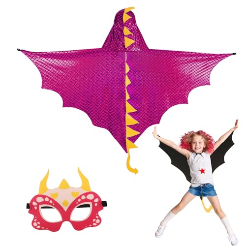 DKINY Dinosaurier Kostüm Kinder Halloween Dinokostüm mit Drachenflügel Umhang und Maske Dino Cosplay Kinderkostüm Zubehör für Junge Mädchen Halloween Karneval Fasching-Rosarot von DKINY