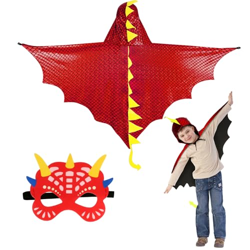 DKINY Dinosaurier Kostüm Kinder Halloween Dinokostüm mit Drachenflügel Umhang und Maske Dino Cosplay Kinderkostüm Zubehör für Junge Mädchen Halloween Karneval Fasching-Rot von DKINY