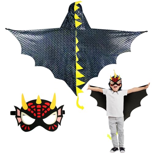 DKINY Dinosaurier Kostüm Kinder Halloween Dinokostüm mit Drachenflügel Umhang und Maske Dino Cosplay Kinderkostüm Zubehör für Junge Mädchen Halloween Karneval Fasching-Schwarz von DKINY