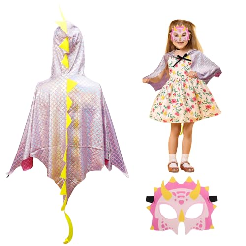 DKINY Dinosaurier Kostüm Kinder Halloween Dinokostüm mit Drachenflügel Umhang und Maske Dino Cosplay Kinderkostüm Zubehör für Junge Mädchen Halloween Karneval Fasching-Silber Rosa von DKINY