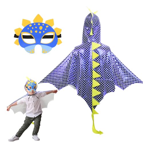 DKINY Dinosaurier Kostüm Kinder Halloween Dinokostüm mit Drachenflügel Umhang und Maske Dino Cosplay Kinderkostüm Zubehör für Junge Mädchen Halloween Karneval Fasching-Blau Weiß von DKINY