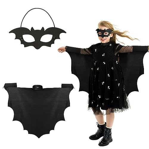 DKINY 2tlg Fledermaus Kostüm Kinder Fledermausflügel Umhang mit Maske Schwarz Fledermauskostüm für Junge Mädchen Vampir Fledermaus Kinderkostüm für Halloween Karneval Fasching Cosplay Mottoparty von DKINY