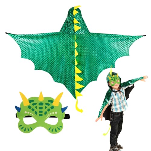 DKINY Dinosaurier Kostüm Kinder Halloween Dinokostüm mit Drachenflügel Umhang und Maske Dino Cosplay Kinderkostüm Zubehör für Junge Mädchen Halloween Karneval Fasching-Grün von DKINY