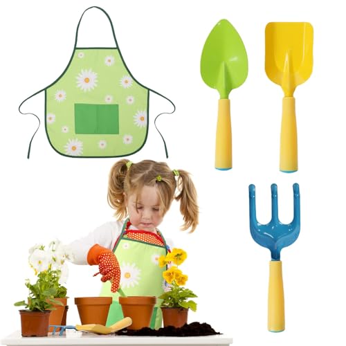 DKINY Kinder Gartenset, 4PCS Gartengeräte Gartenschürze mit Schaufel Handspaten Unkrautharke, Garten Spielzeug Gartenhelfer, Garten Strand Outdoor Spielzeug für Junge Mädchen ab 3 4 5 6 Jahre von DKINY