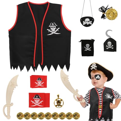 DKINY 18PCS Piratenkostüm Kinder Halloween Piraten Kostüm Junge Pirat Weste mit Augenklappe Piratenhaken Kopftuch Piraten Cosplay Kinderkostüm Zubehör für Halloween Karneval Fasching Piratenparty von DKINY