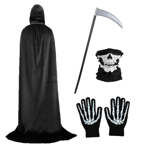 DKINY Sensenmann Kostüm Erwachsene Grim Reaper Umhang mit Sense Skelett Handschühe Totenkopf Maske Halloween Umhang mit Kapuze Herren Unisex Cosplay Kostüm für Halloween Karneval Maskerade Fasching von DKINY