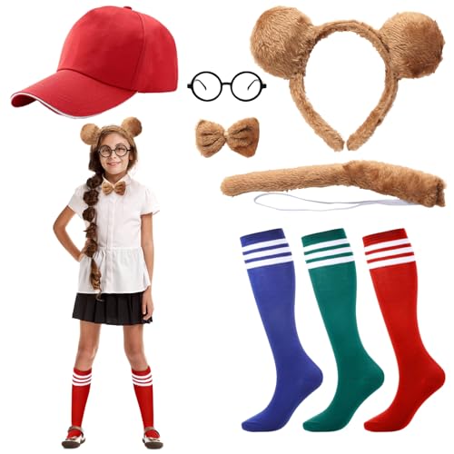 DKINY 18 Stück Streifenhörnchen Kostüm Kinder Streifenhörnchen Ohren Stirnband mit Kniestrümpfe Streifen Schwanz Fliege Hut Brille Chipmunks Tierkostüm Cosplay Kinderkostüm für Halloween Karneval von DKINY