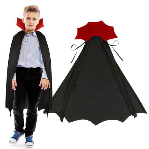 DKINY Vampir Kostüm Kinder Dracula Umhang mit Schwarz Rot Kragen Zauberumhang Devil Teufel Böse Geister Cosplay Kinderkostüm für Junge Mädchen Halloween Karneval Fasching Maskerade Mottoparty von DKINY