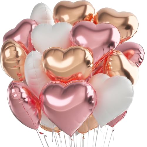 26 Stück Herz Folienballon Rosa 18 Zoll,Rosegold Helium Ballon Herzen,Weiß Rosa Roségold Helium Ballon Herz Helium Luftballons Rosa Herz Folienballons für Geburtstag Hochzeit Verlobung Muttertag Deko von DKLQXCE