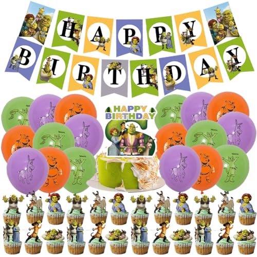 45 PCS Shreek Themed Geburtstag Dekorationen, DKLQXCE Shreek Party Supplies, Shreek Geburtstagsparty Dekorationen Balloons Banner Cupcake Toppers Luftballon für Kinder Geburtstagsdeko von DKLQXCE