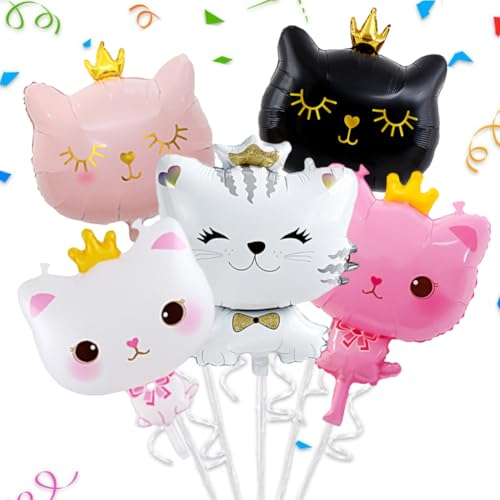 5 Stücke Folienballon Katze,Kronen-Katzenballon,Weiß Rosa Schwarz Kronen Katzen Helium Ballon Katzen Geburtstag Deko Katze Geschenk Mitgebsel für Mädchen Jungen Kinder Geburtstag Party Baby Shower von DKLQXCE