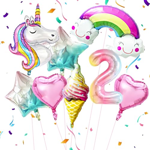 8 Stück Einhorn Folienballon, Zahl 2 Folienballon, Regenbogen Heliumballon Geburtstag Dekoration Eiscreme Super Shape Folienballon Einhornchen Kindergeburtstag Partydeko Luftballons Supplies von DKLQXCE