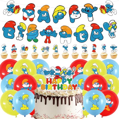 Smuurfs Themed Geburtstag Dekorationen, DKLQXCE 33 PCS Smuurfs Party Supplies, Smuurfs Geburtstagsparty Dekorationen Balloons Banner Cupcake Toppers Luftballon Geburtstagsdeko für Kinder von DKLQXCE