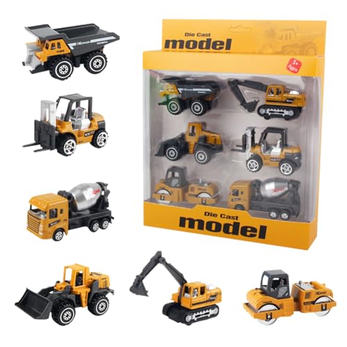 DKLQXCE Baustellen Fahrzeuge Metall Kunststoff Bagger,6 Stück Baufahrzeuge Spielzeug Auto, Mini Bagger Tortendeko Mini-Auto-Modelle Transporter Kinderspielzeug Geschenk für Kinder ab 3 4 5 Jahre von DKLQXCE