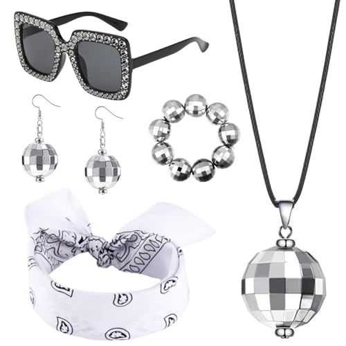 DKLQXCE Discokugel Spiegelkugel Schmuck Set, 5 Stück Disco Zubehör, Disco Set Silber, Party Zubehör für Mädchen und Frauen, 70/80er Jahre Disco Retro Cosplay Kostüme Outfits von DKLQXCE