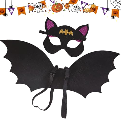 DKLQXCE Halloween Fledermaus Outfit Kinder, Fledermaus Flügel Umhang mit Maske, Schwarz Fledermausflügel Bat Cap zum Verkleiden, Fledermaus Cosplay Kostüm für Halloween Karneval Fasching Maskerade von DKLQXCE