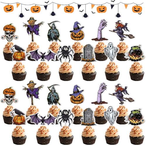 24 Stück Halloween Cupcake Topper, Kuchen Deko Halloween,Halloween Kuchenaufsätze Halloween Kuchen Cupcake Picks,Halloween Papier Cupcake Topper Dessert Dekoration Ghost Pumpkin Decor für Halloween von DKLQXCE