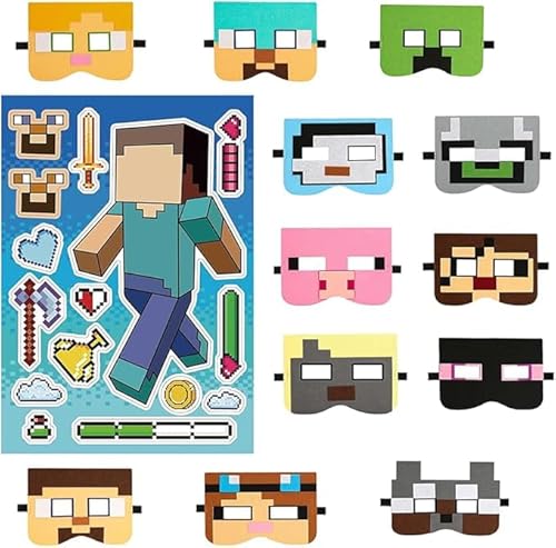 DKLQXCE Mineecraft Masken, 12 Masken und 16 Aufkleber, Cartoon Charakter Masken Themenparty, Rollenspiel Cosplay Set, Cosplay Maske für Jungen und Mädchen, Maskerade Weihnachten Geburtstag von DKLQXCE