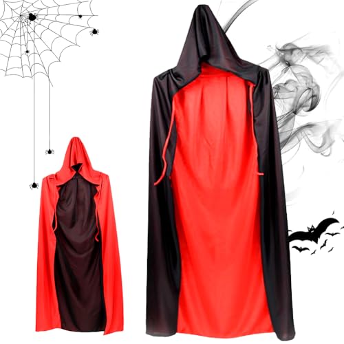 DKLQXCE Roter Umhang mit Kapuze, Halloween Kapuzenumhang Schwarz Rot Doppelseitig, Fasching Halloween Kostüm Party Deko Cosplay Mädchen Jungen Umhang Party Kostüm Masquerade Vampir Umhang von DKLQXCE