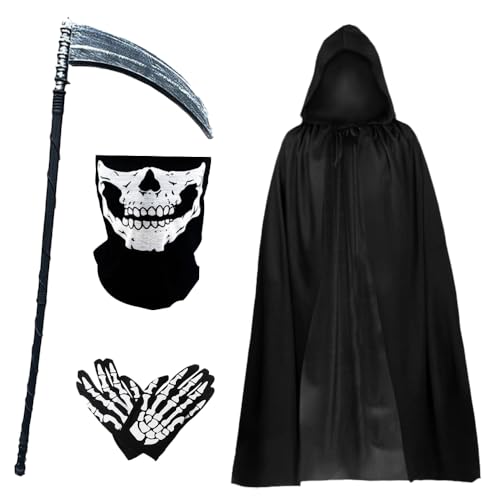 DKLQXCE Sensenmann Kostüm, 4 Stück Kostüm Umhang mit Kapuze mit Schädelmaske Sense Skelett Handschuhe, Halloween Costume Set, für Kinder Cosplay Karneval aldult Halloween Karneval Cosplay (Aldult) von DKLQXCE