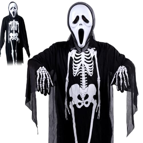 Halloween Skelett Kostüm, 90CM Halloween Kinder Kostüm, Skelett Gesichtsmaske Schädel Handschuhe und Skelett Robe, Skelett Overall Faschingskostüme Geist Day of the Dead Karneval Erwachsene Gruselig von DKLQXCE