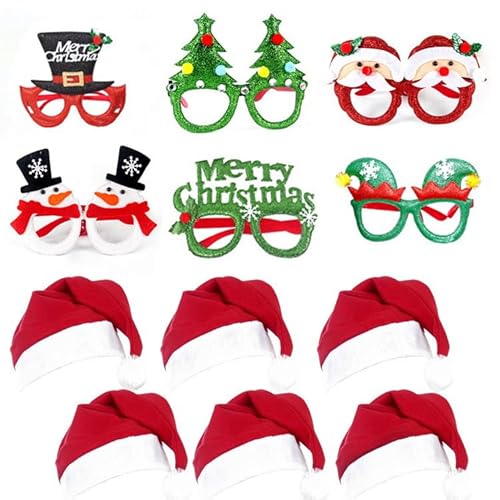 Weihnachten Dekoration,12PCS Weihnachten Brille Stirnband und Weihnachtsmützen Set,Weihnachtsmützen Weihnachten Foto Requisiten Weihnachtsgläser Nette Partybrille Geschenke für Kinder Freunde Familien von DKLQXCE