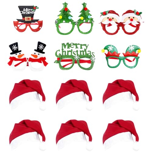 Weihnachten Dekoration,12PCS Weihnachten Brille Stirnband und Weihnachtsmützen Set,Weihnachtsmützen Weihnachten Foto Requisiten Weihnachtsgläser Nette Partybrille Geschenke für Kinder Freunde Familien von DKLQXCE