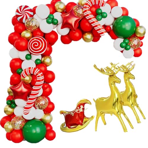 Weihnachts Party Dekorationen, 114 PCS Weihnachten Luftballons Girlande Set mit Rentier Zuckerstangen Stern Süssigkeit Rot Grün Luftballons für Merry Christmas Party Dekoration von DKLQXCE