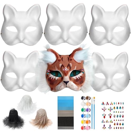 6 Stück Katzenmaske mit Augen Mesh Pelz Bart und Edelstein Aufkleber, Tier Katze Maske DIY Set Katzenmasken zu malen Filz, Maske Kunsthandwerk Kit, DIY Blank Gesicht Maske Kostüm für Maskerade von DLAIUSMALL