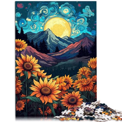 Puzzle für Erwachsene und Kinder Sonnenblumen mit dem Mond am Himmel Puzzle 1000 Teile für Erwachsene 19,7 x 29,5 Zoll Holzpuzzle Spielzeug Wanddekoration von DLBHSG