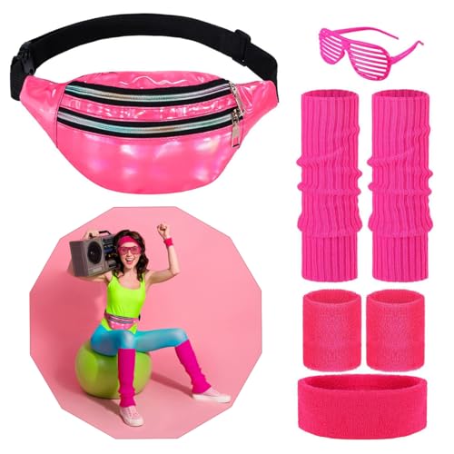 DLJKJ 80er Jahre Outfit Damen, Karneval Kostüm Damen Accessoires mit Bauchtasche, Stirnband, Beinwärmer, Armbänder und Brille für Karneval Neon 80 Jahre Party Outfit Damen von DLJKJ