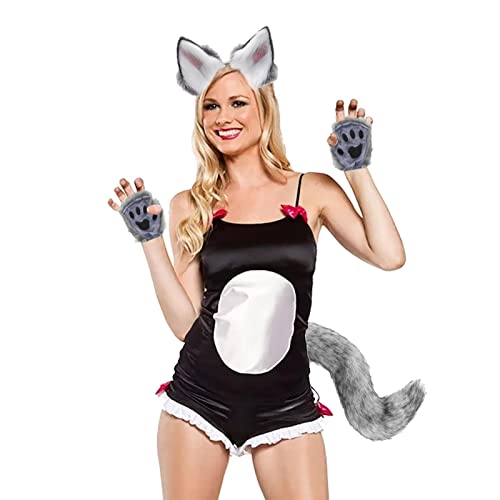 DLSIN Wolf Kostüm Set, Wolf Kostüm mit Schwanz Ohr und Kopf Wolf Kostüm Set für Mädchen Leder Fancy Wolf Kostüme Fancy Party Wolf Kostüm für Erwachsene Frauen Dunkelgrau von DLSIN