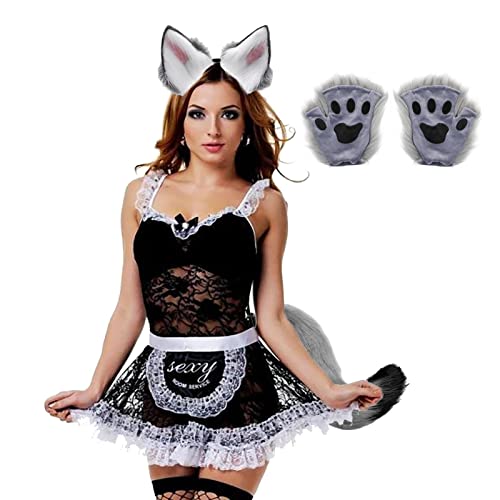 DLSIN Wolf Kostüm Set, Wolf Kostüm mit Schwanz Ohr und Kopf Wolf Kostüm Set für Mädchen Leder Fancy Wolf Kostüme Fancy Party Wolf Kostüm für Erwachsene Frauen Grau von DLSIN