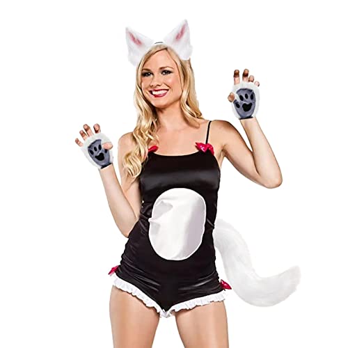 DLSIN Wolf Kostüm Set, Wolf Kostüm mit Schwanz Ohr und Kopf Wolf Kostüm Set für Mädchen Leder Fancy Wolf Kostüme Fancy Party Wolf Kostüm für Erwachsene Frauen Weißes Pulver von DLSIN