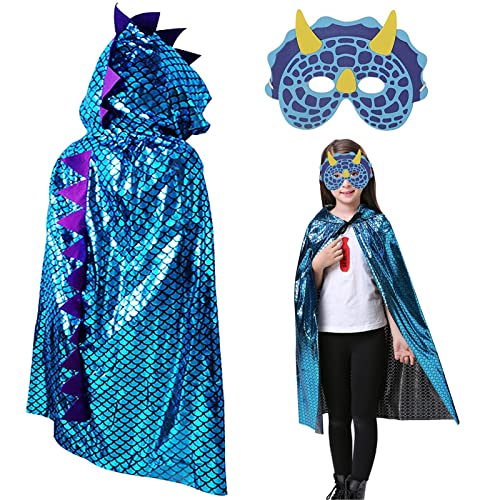 DMZK Dinosaurier Kostüm, Halloween Umhang Rollenspiel Kapuzenumhang mit Maske, Kinder Glitzernder Dinosaurier Cape Cosplay für Jungen Mädchen 3 4 5 6 7 8 Jahre (Blau) von DMZK