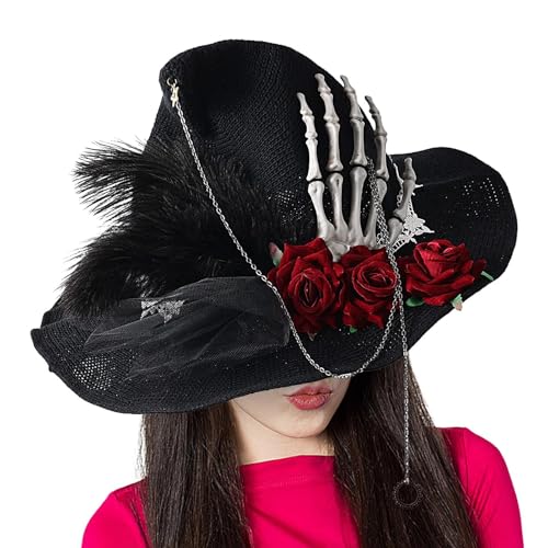 DNCG Hexenhut, Hexenhüte für Damen, Kostüm-Partyhut | Hexenhüte mit handgemachter Rose mit Totenkopf für erwachsene Frauen, Kostümparty mit Halloween-Mütze von DNCG