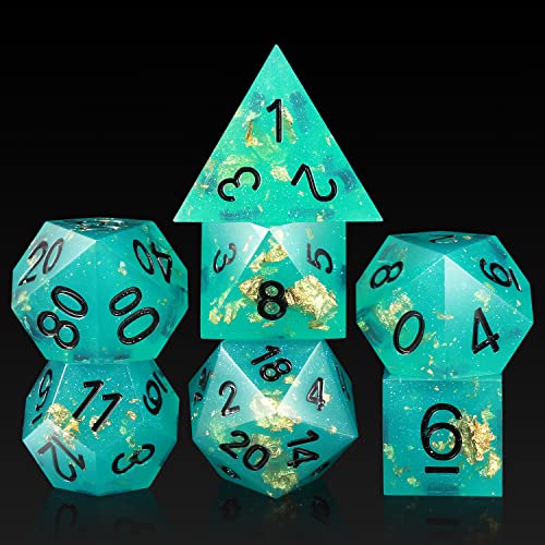 D&D Würfel-Set, DNDND handgefertigt, scharfe Kanten, 7-teilig, DND-Würfel mit Geschenk-Etui, für Dungeons und Drachenspiele (blau mit schwarzer Zahl) von DNDND