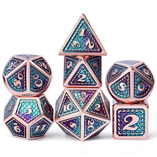 DNDND D&D-Würfel-Set aus Metall, 7-teilig, Drachenschuppe, metallisch, D&D-Würfel mit Geschenk-Metallkoffer für Dungeons & Drachenspiel (Blaugrün und Lila mit Kupferrand) von DNDND