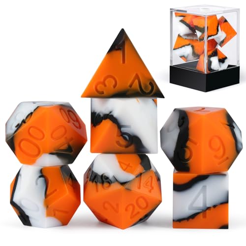 DNDND DND-Würfel-Set aus Silikon, 7-teilig, D&D-Würfel-Set mit transparenter Kunststoff-Vitrine für Dungeons and Dragons, Rollenspiele und Tischspiele (Orange, Schwarz, Weiß DNDND DND-Würfel-Set aus Silikon, 7-teilig, D&D-Würfel-Set mit transparenter Kunststoff-Vitrine für Dungeons and Dragons, Rollenspiele und Tischspiele (Orange, Schwarz, Weiß von DNDND